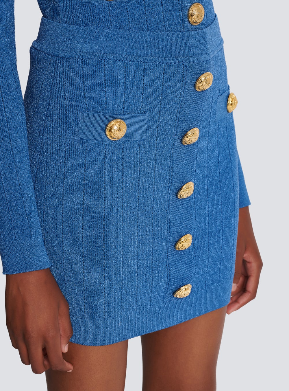 Women's Balmain Short Knitted Buttoned Skirts Blue | USA pLIEnuMW