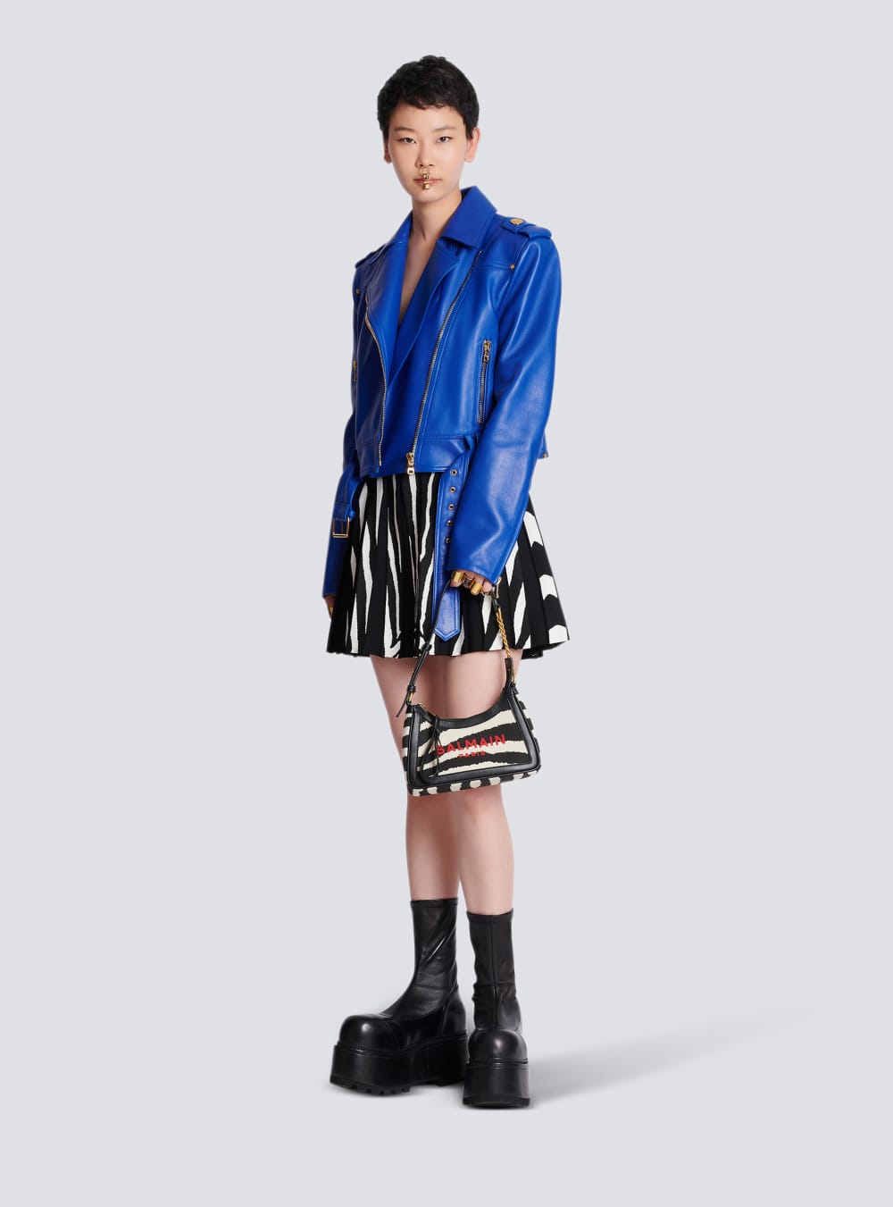 Women's Balmain Short Leather Biker Jackets Blue | USA SMtqTbTN