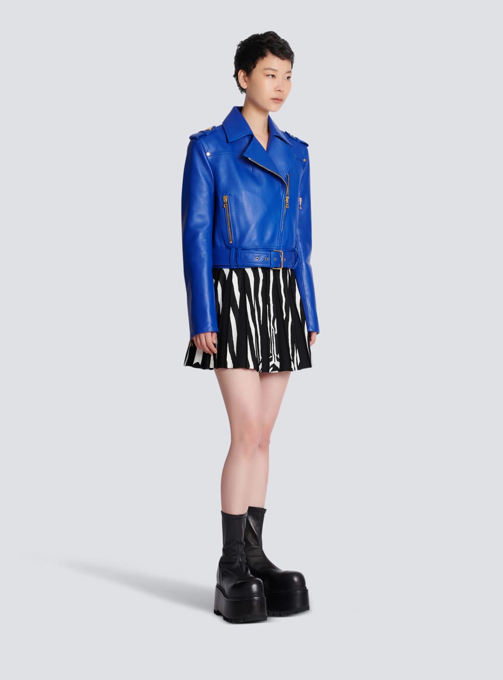 Women's Balmain Short Leather Biker Jackets Blue | USA SMtqTbTN