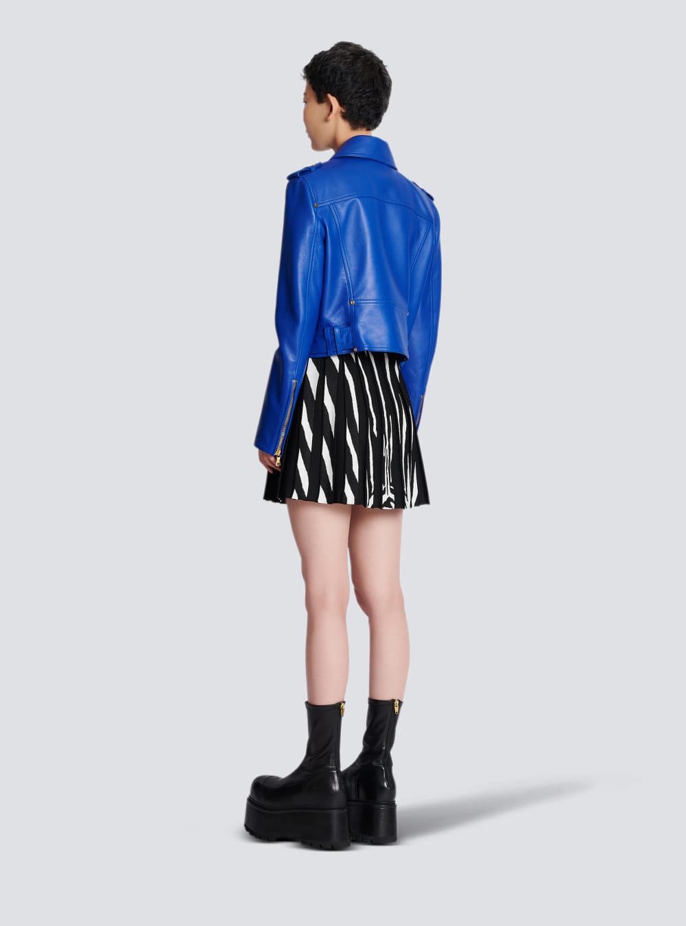 Women's Balmain Short Leather Biker Jackets Blue | USA SMtqTbTN