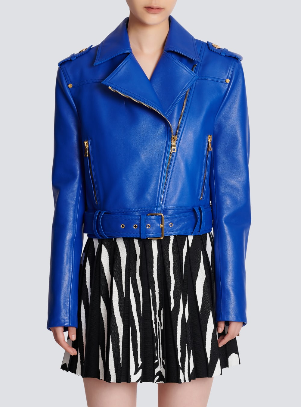 Women's Balmain Short Leather Biker Jackets Blue | USA SMtqTbTN