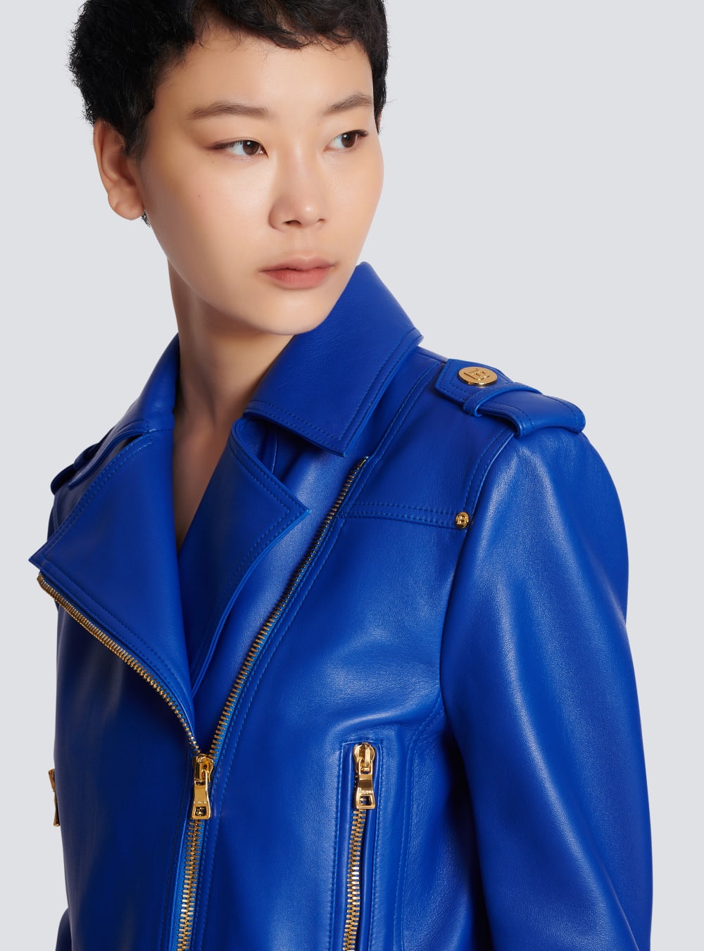 Women's Balmain Short Leather Biker Jackets Blue | USA SMtqTbTN