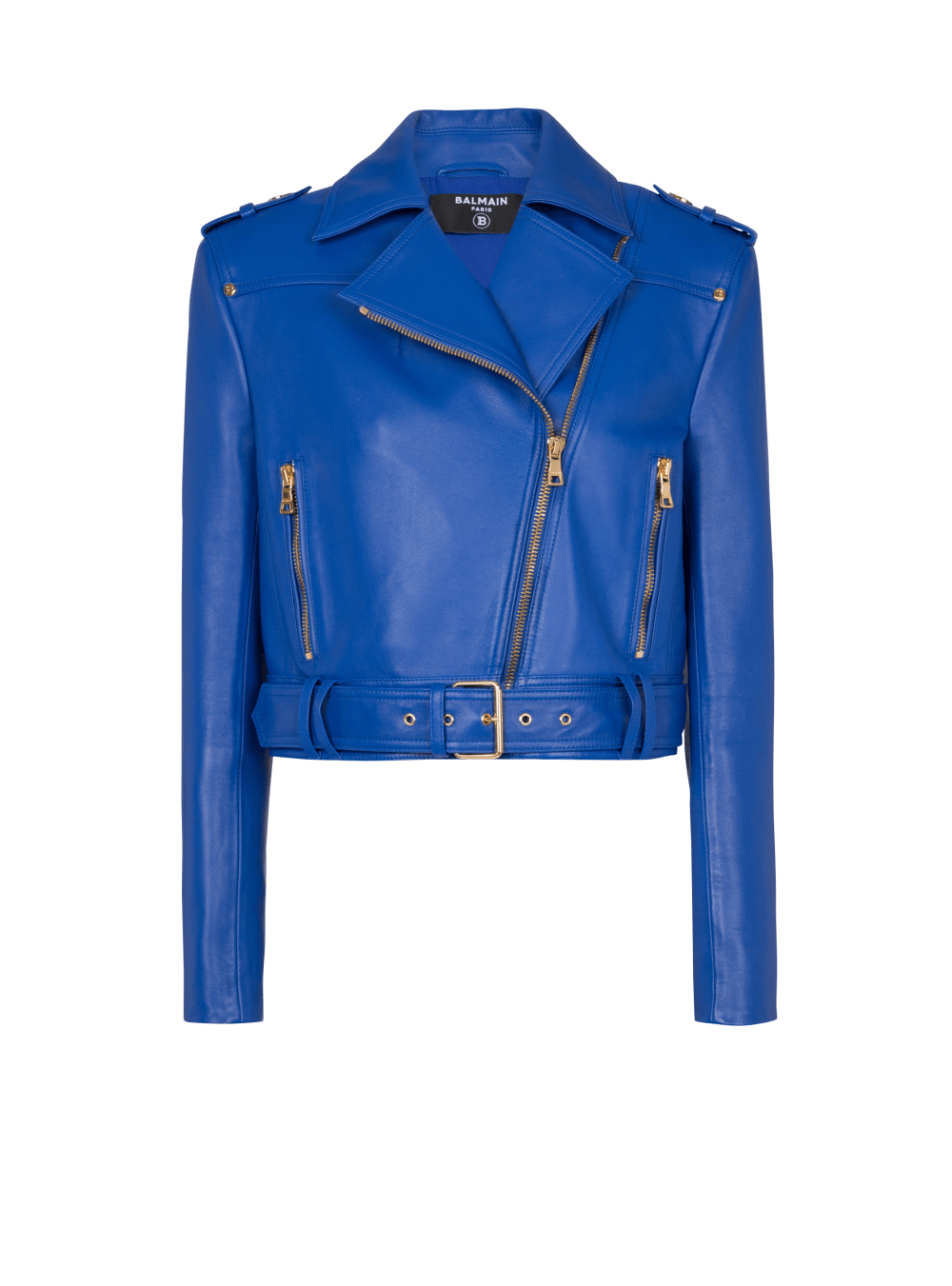 Women\'s Balmain Short Leather Biker Jackets Blue | USA SMtqTbTN