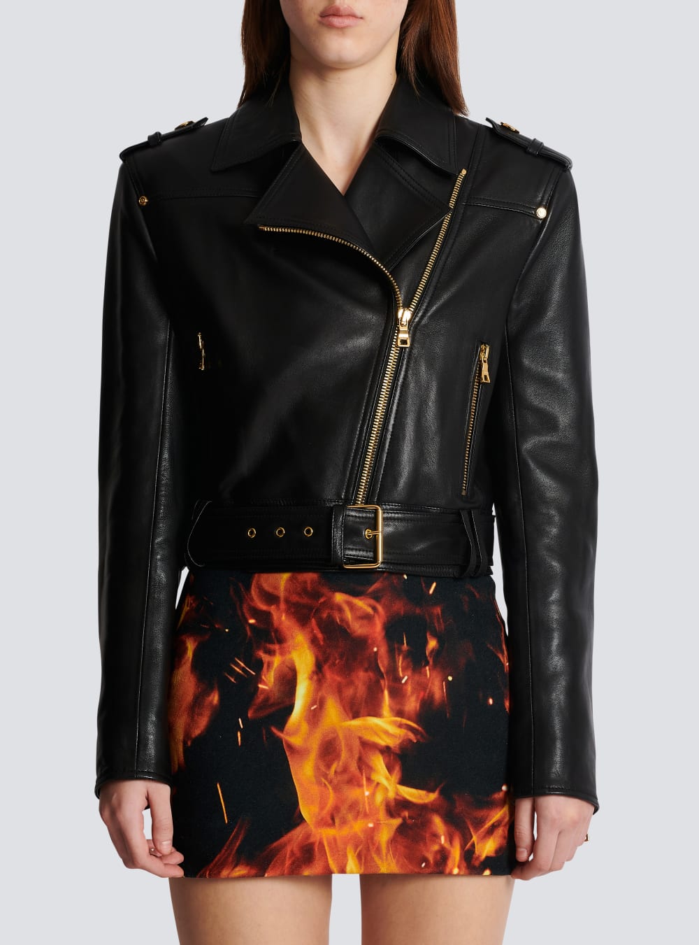 Women's Balmain Short Leather Biker Jackets Black | USA bkqrvBa0