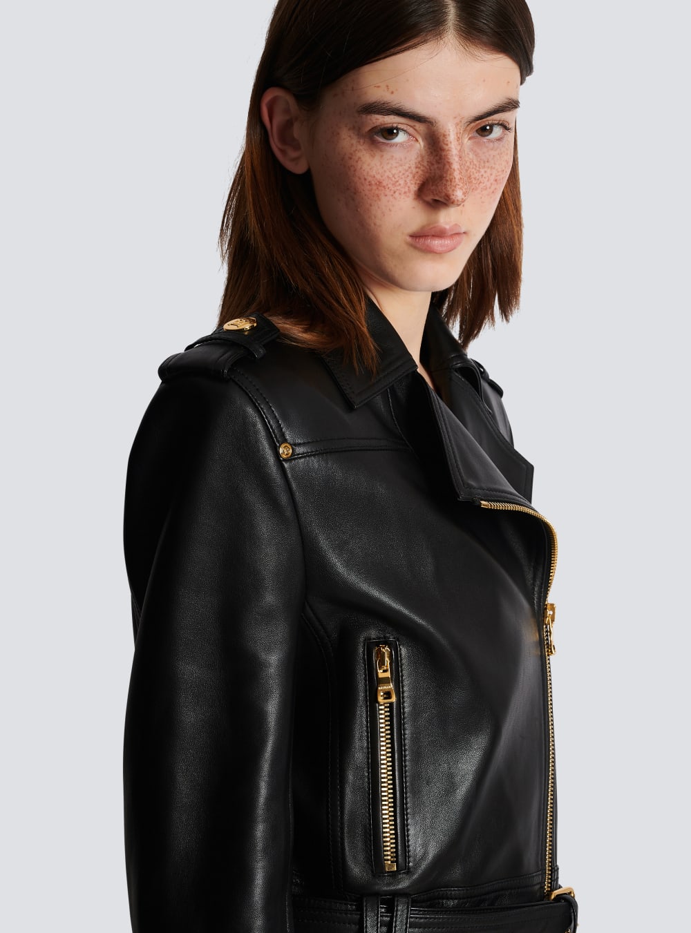 Women's Balmain Short Leather Biker Jackets Black | USA bkqrvBa0