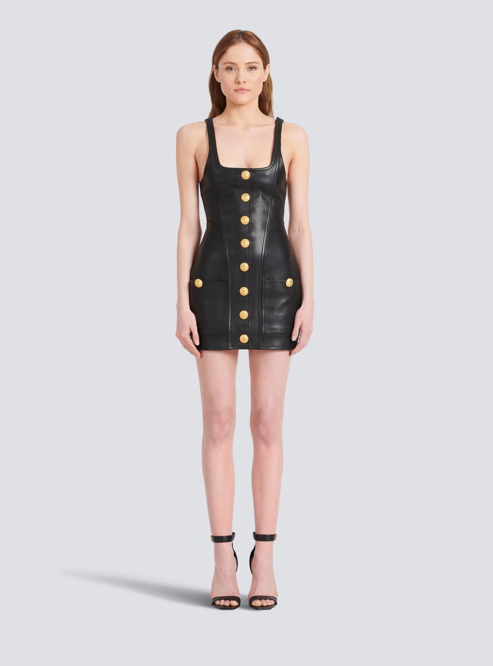 Women's Balmain Short Leather Dress Black | USA 5KUhrHyP