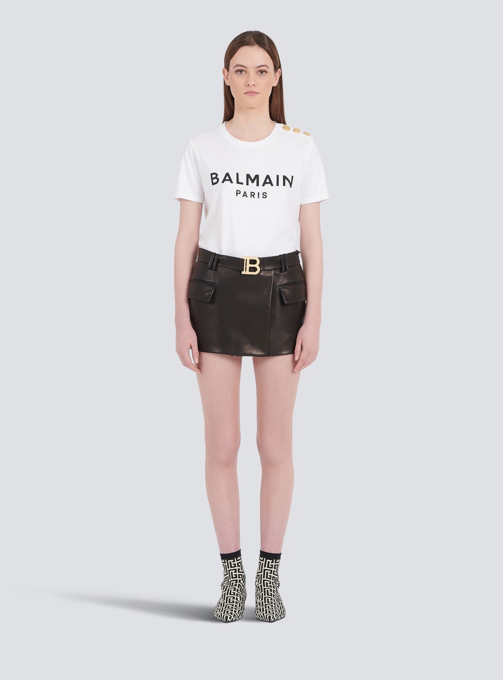 Women's Balmain Short Leather Low-rise Skirts Black | USA R0uQwgy9