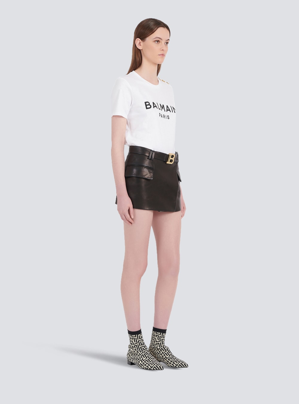 Women's Balmain Short Leather Low-rise Skirts Black | USA R0uQwgy9