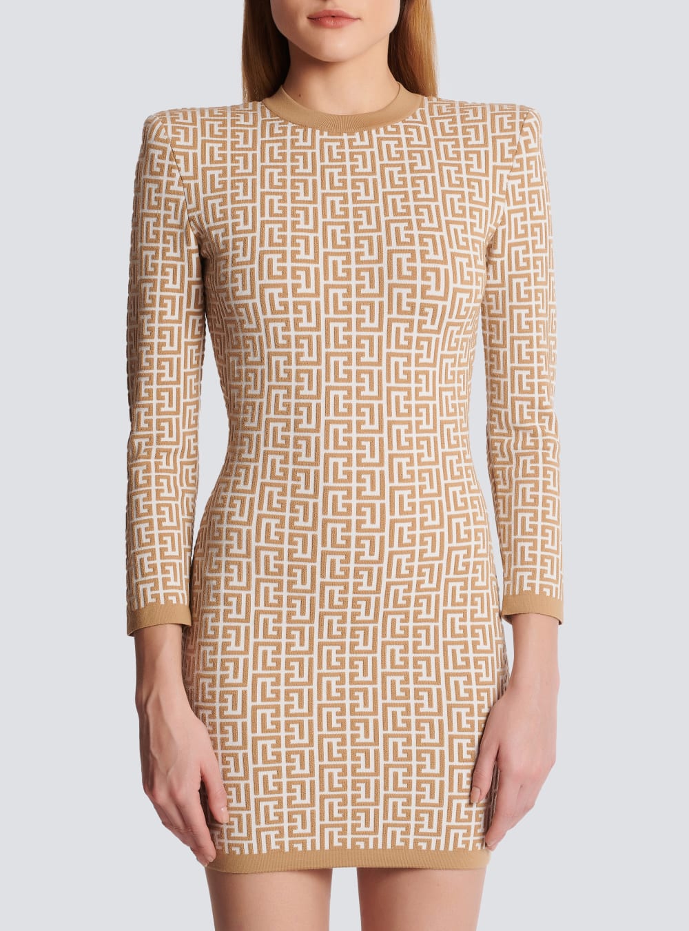 Women's Balmain Short Monogrammed Knitted Dress Beige | USA iGud73Qc