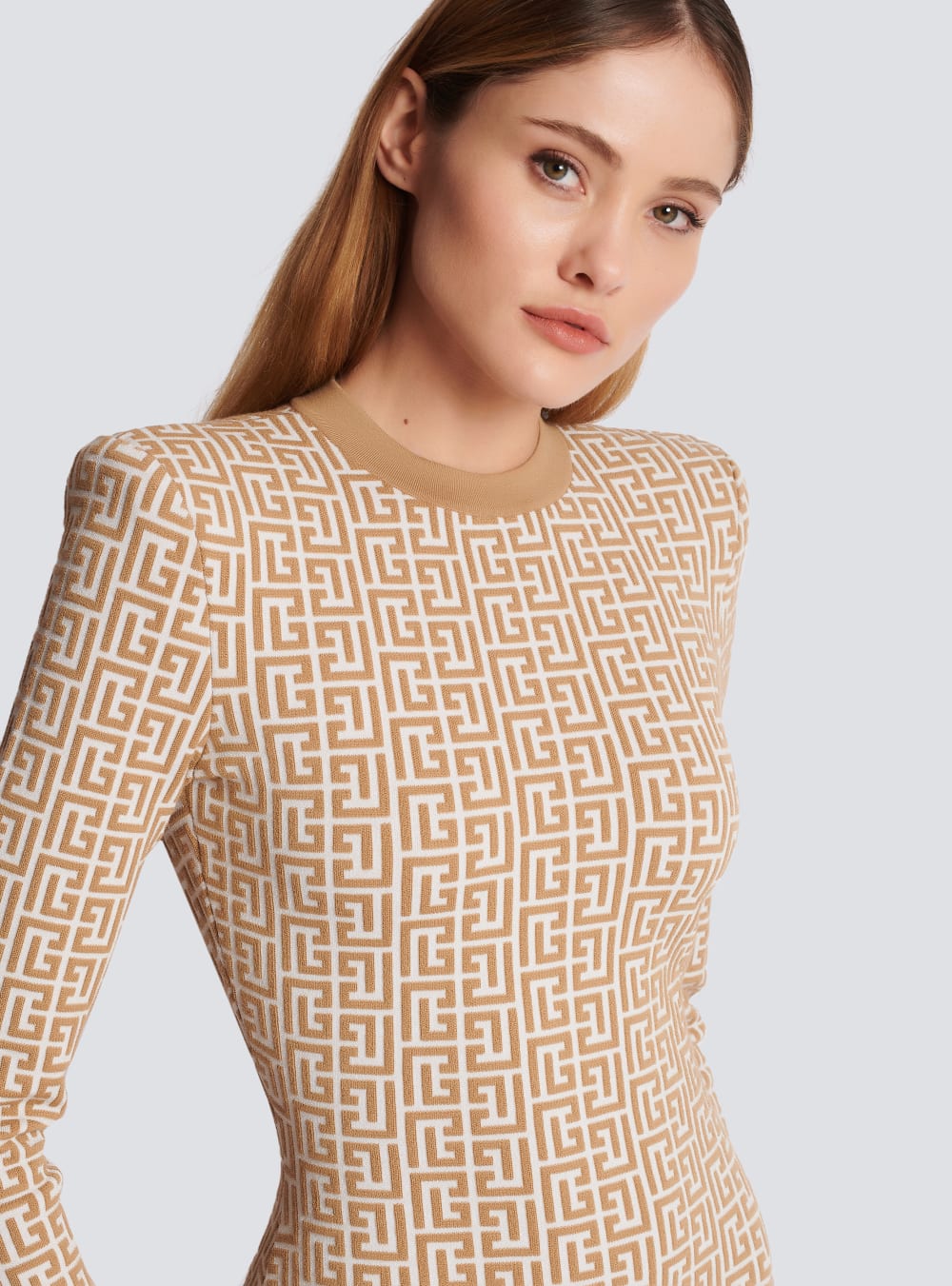 Women's Balmain Short Monogrammed Knitted Dress Beige | USA iGud73Qc