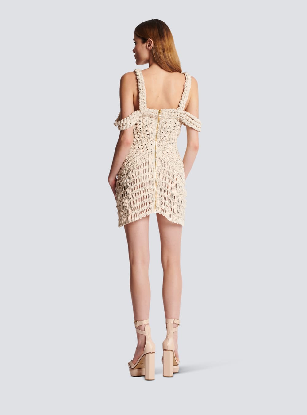 Women's Balmain Short Openwork Macramé Dress Beige | USA 0uhrqPqO