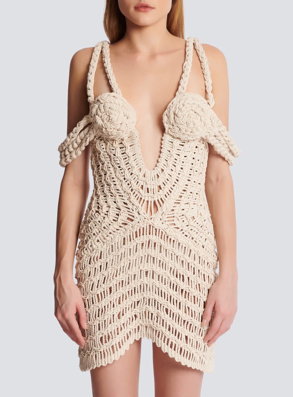 Women's Balmain Short Openwork Macramé Dress Beige | USA 0uhrqPqO