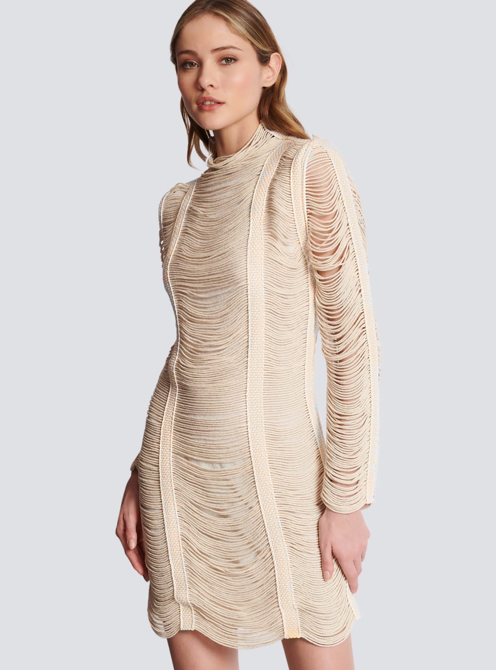 Women's Balmain Short Openwork Macramé Dress Beige | USA DIWTNfTu