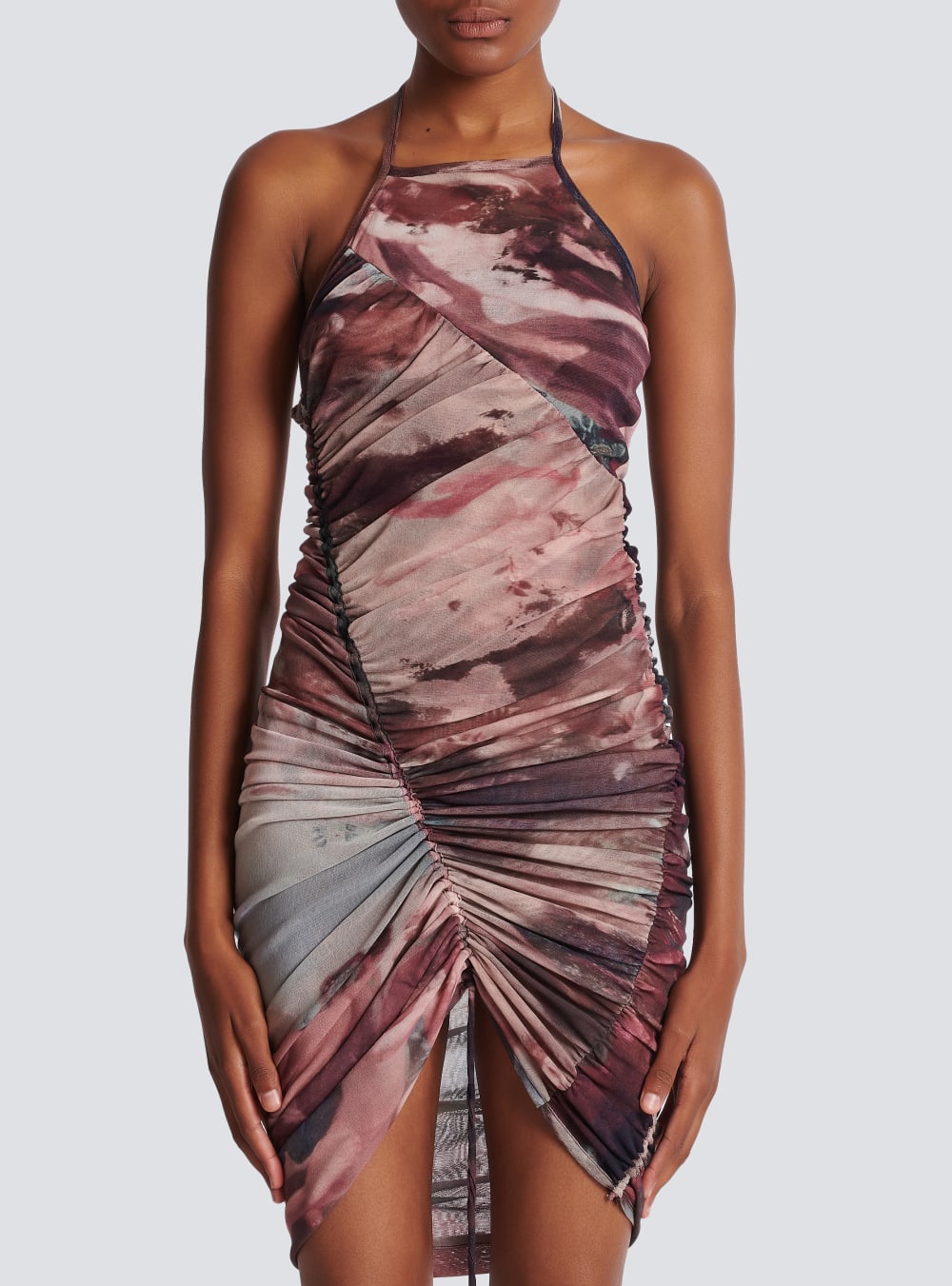 Women's Balmain Short Pastel Printed Draped Tulle Dress Multicolor | USA 4U8Xaqyc