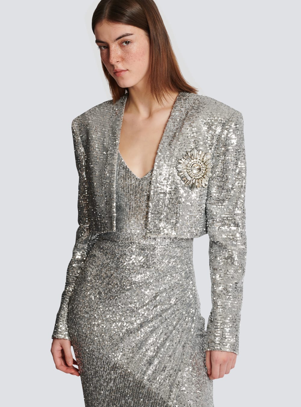 Women's Balmain Short Sequin Jackets Silver | USA Pz4cFCgw