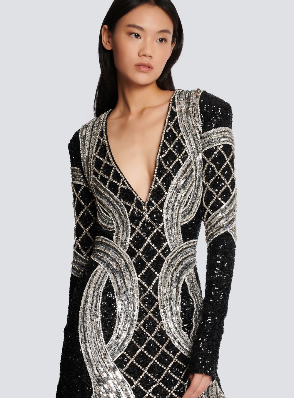 Women's Balmain Short Silver Embroidered Dress Black | USA jmi81y3L