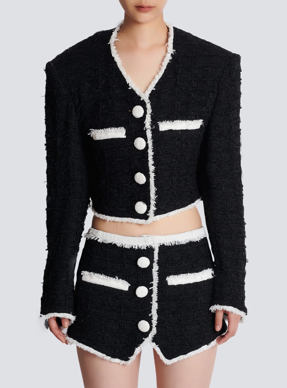 Women's Balmain Short Tweed With Contrasting Details Jackets Black | USA 6AumApca