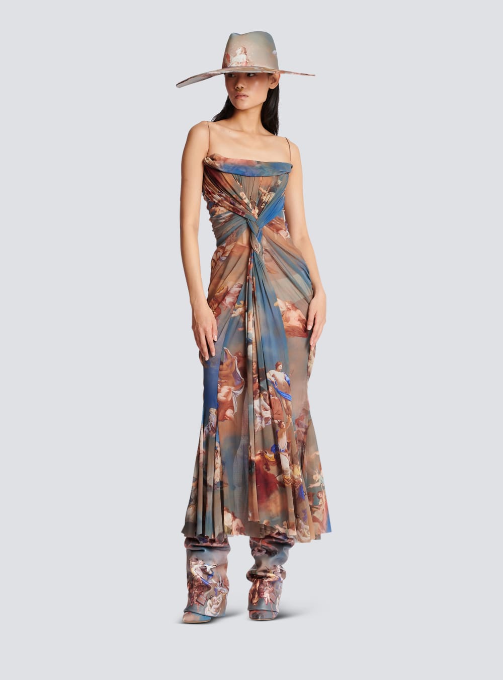 Women's Balmain Sky Printed Draped Tulle Maxi Dress Multicolor | USA ZyJFPnZt