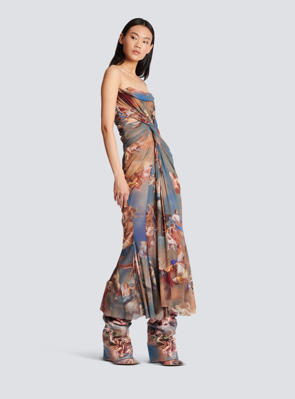 Women's Balmain Sky Printed Draped Tulle Maxi Dress Multicolor | USA ZyJFPnZt