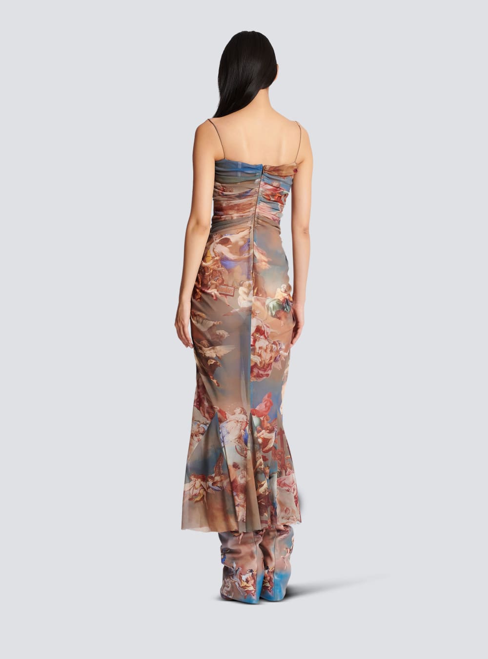 Women's Balmain Sky Printed Draped Tulle Maxi Dress Multicolor | USA ZyJFPnZt