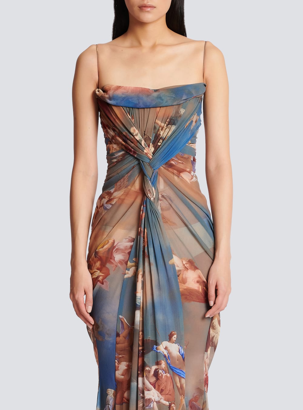 Women's Balmain Sky Printed Draped Tulle Maxi Dress Multicolor | USA ZyJFPnZt