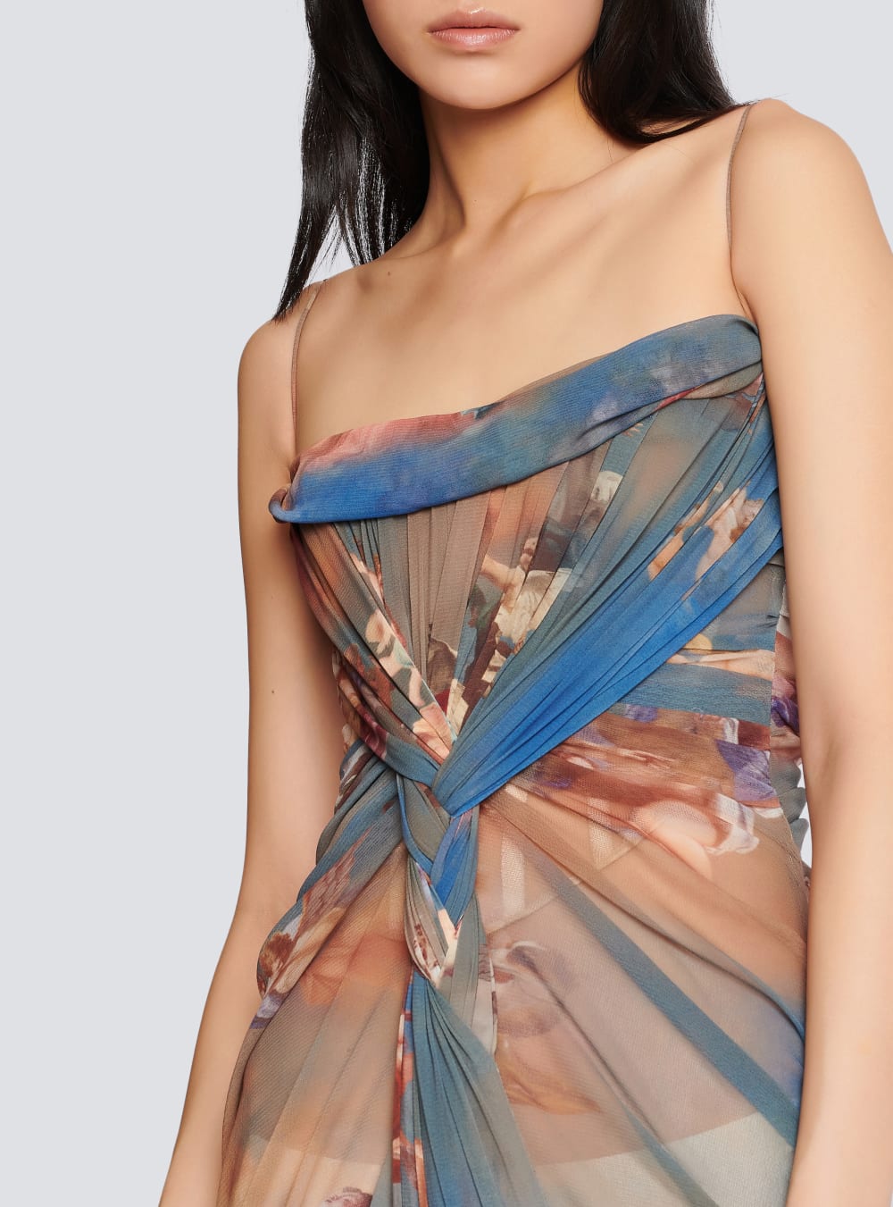 Women's Balmain Sky Printed Draped Tulle Maxi Dress Multicolor | USA ZyJFPnZt