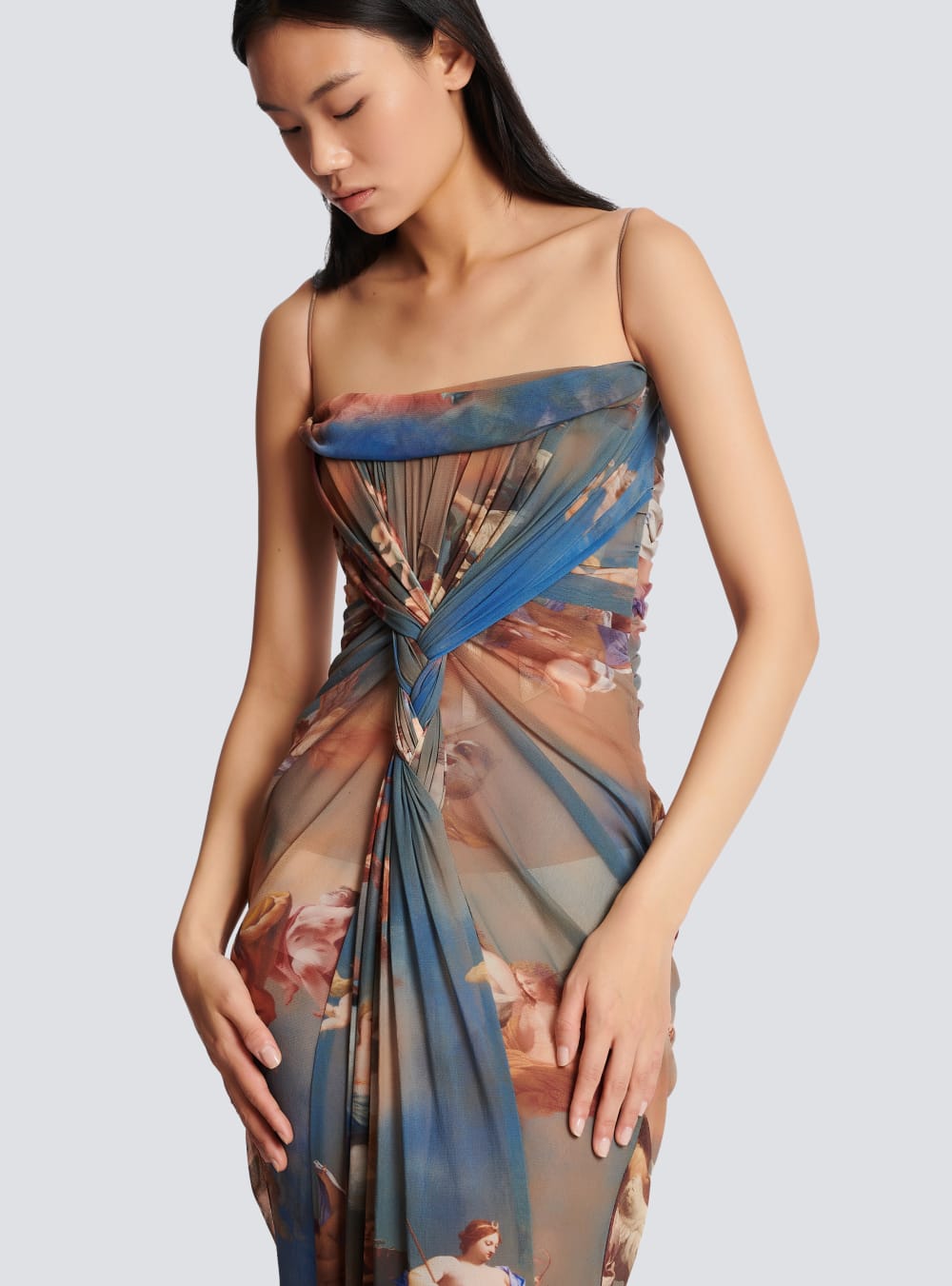 Women's Balmain Sky Printed Draped Tulle Maxi Dress Multicolor | USA ZyJFPnZt