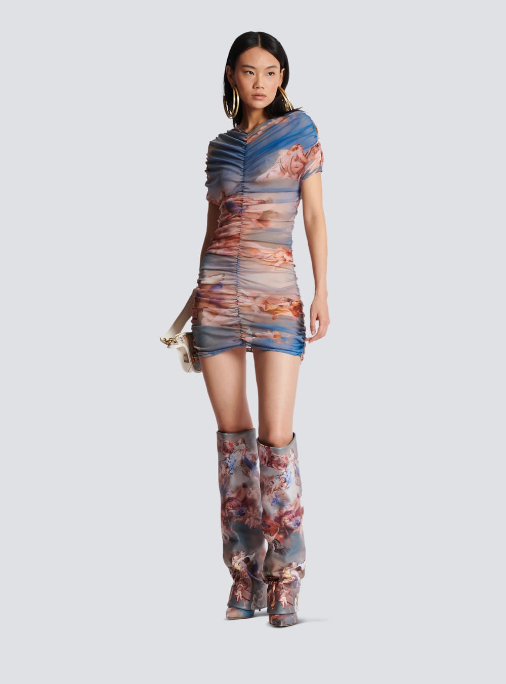 Women's Balmain Sky Printed Gathered Tulle Dress Multicolor | USA GRcuq1YM