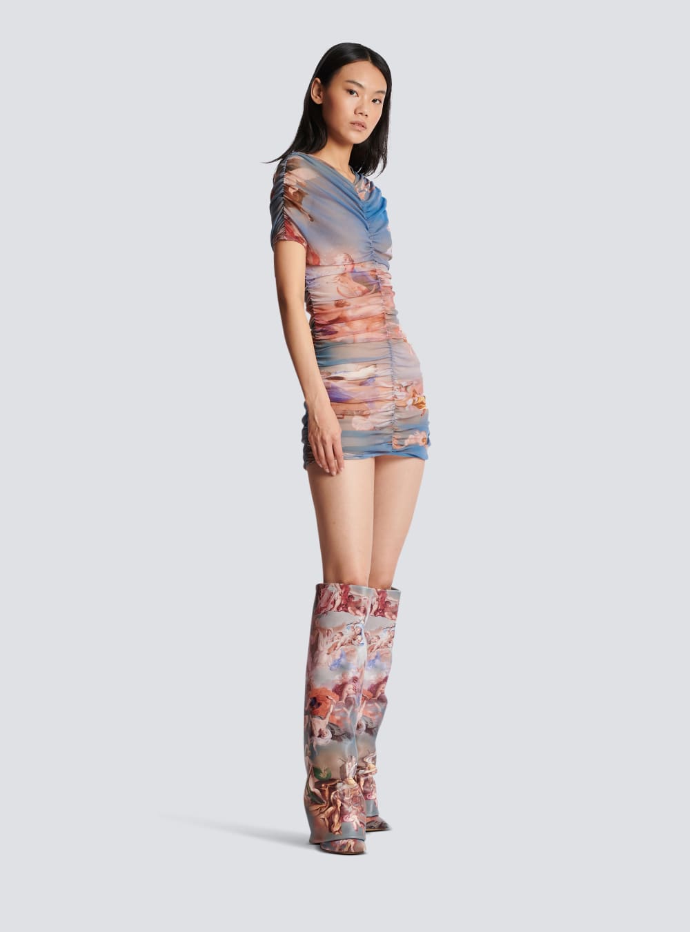 Women's Balmain Sky Printed Gathered Tulle Dress Multicolor | USA GRcuq1YM