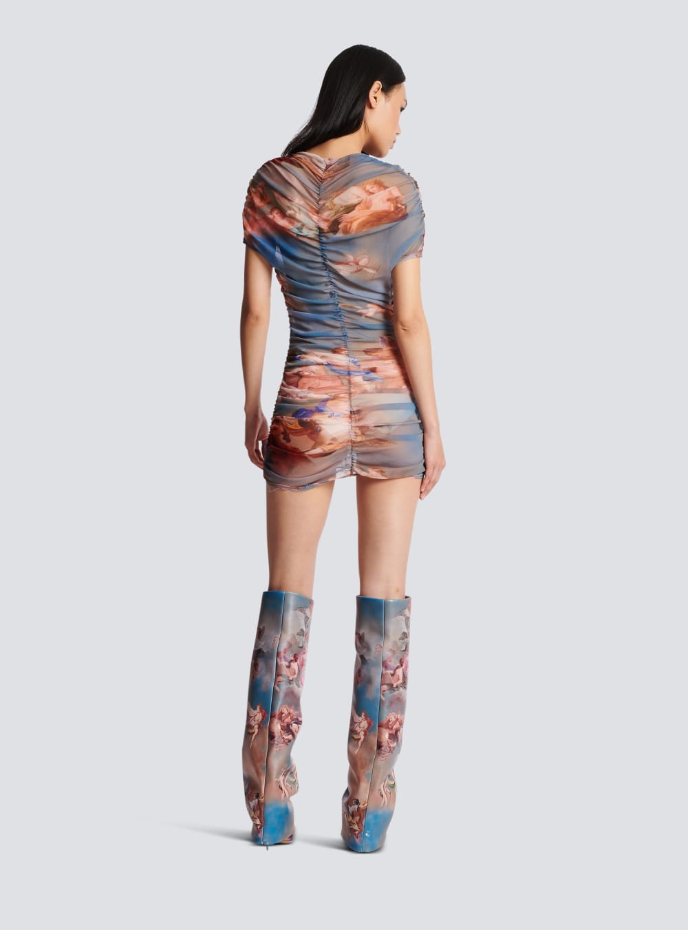 Women's Balmain Sky Printed Gathered Tulle Dress Multicolor | USA GRcuq1YM