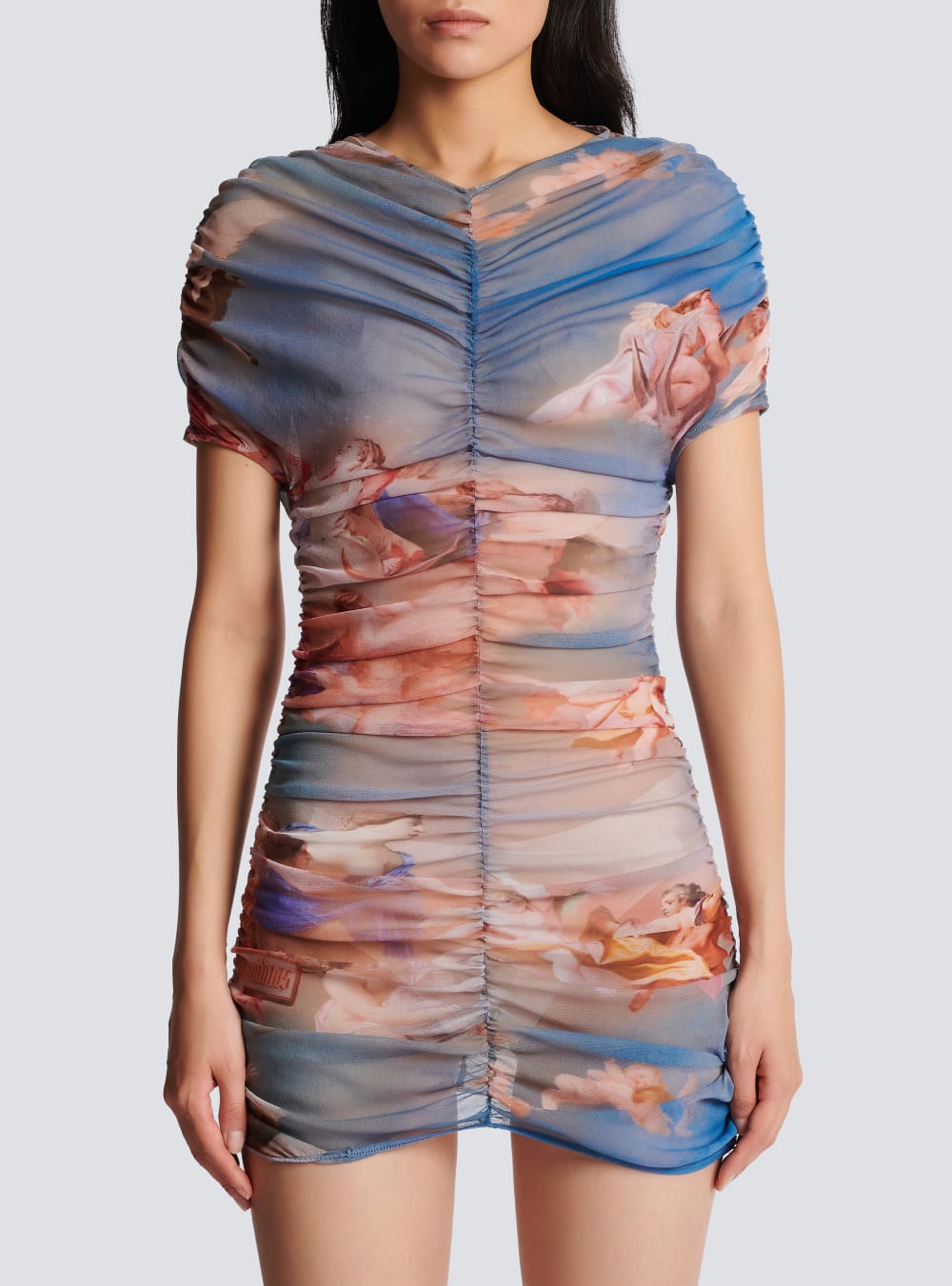 Women's Balmain Sky Printed Gathered Tulle Dress Multicolor | USA GRcuq1YM