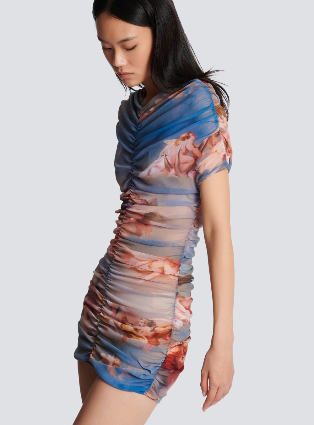 Women's Balmain Sky Printed Gathered Tulle Dress Multicolor | USA GRcuq1YM