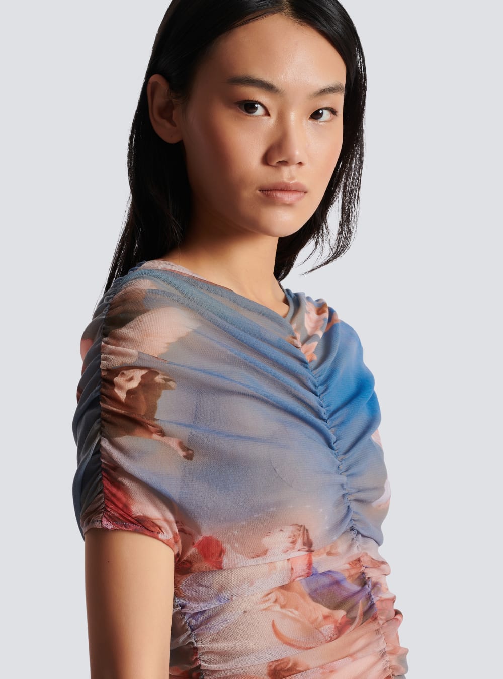 Women's Balmain Sky Printed Gathered Tulle Dress Multicolor | USA GRcuq1YM