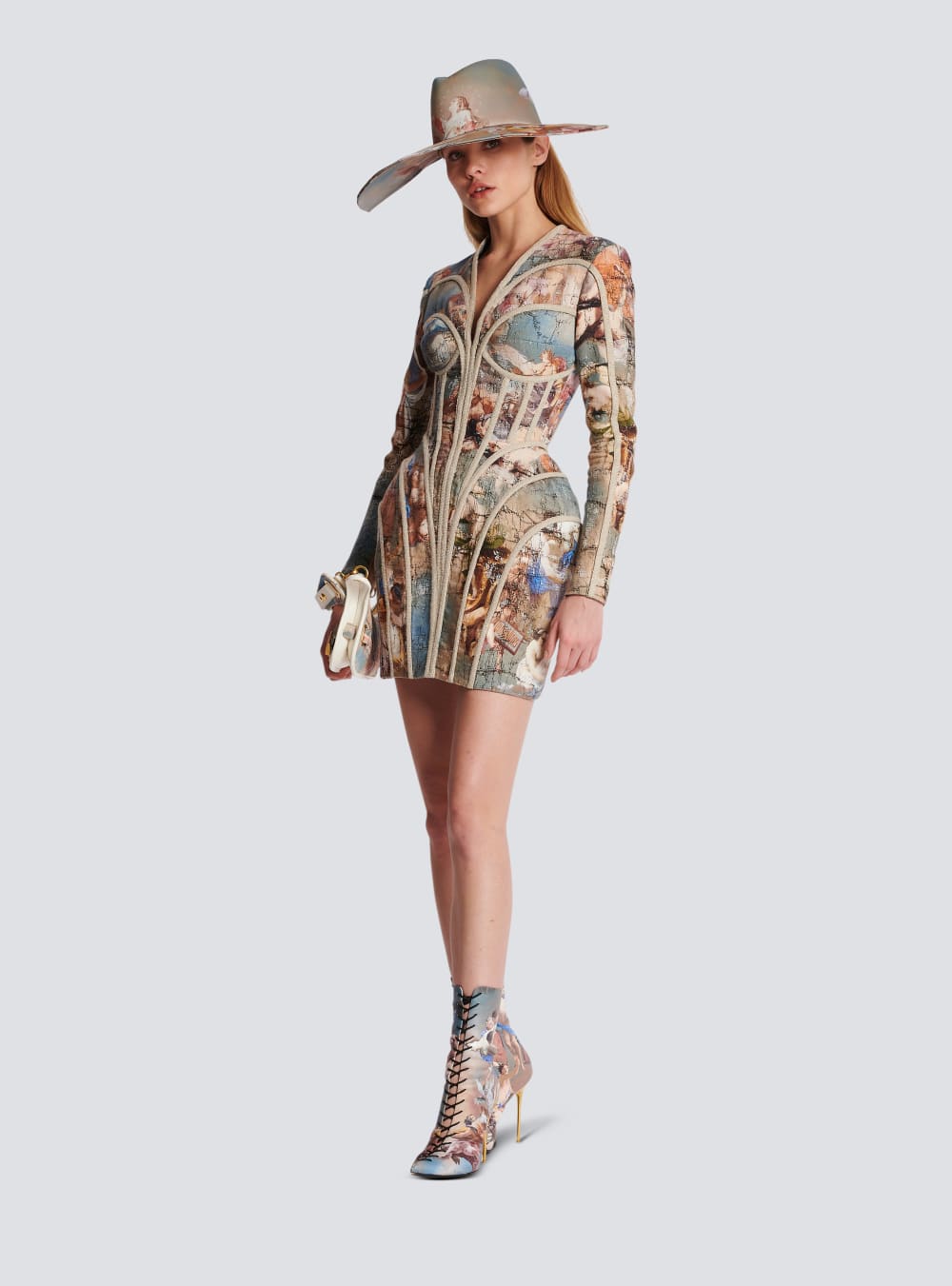 Women's Balmain Sky Printed Linen Cage Dress Multicolor | USA nvOt0wDG