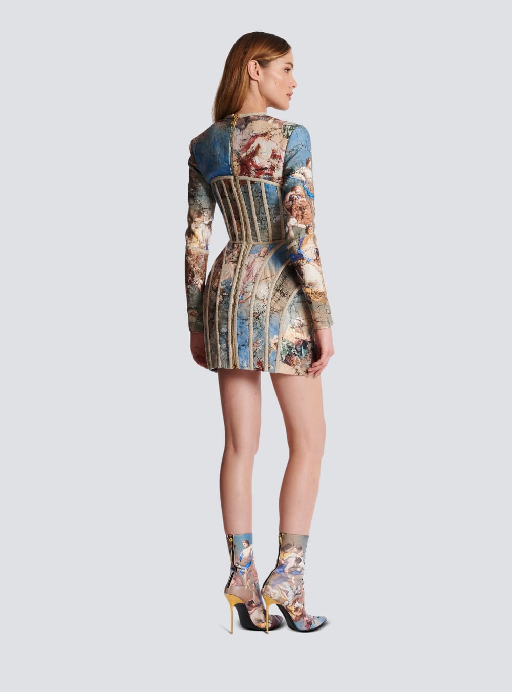 Women's Balmain Sky Printed Linen Cage Dress Multicolor | USA nvOt0wDG