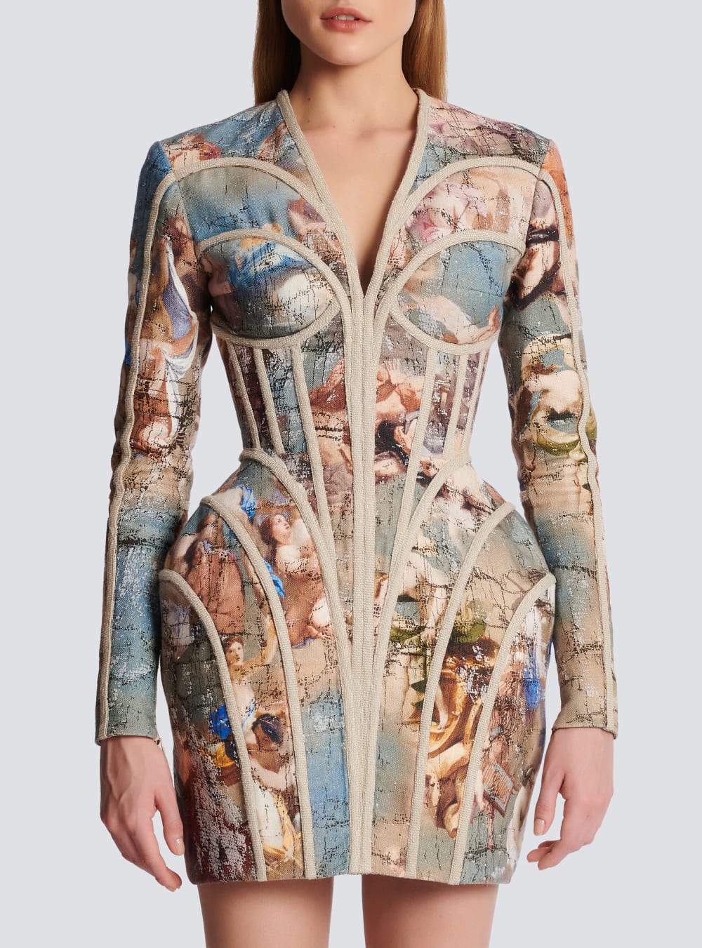 Women's Balmain Sky Printed Linen Cage Dress Multicolor | USA nvOt0wDG