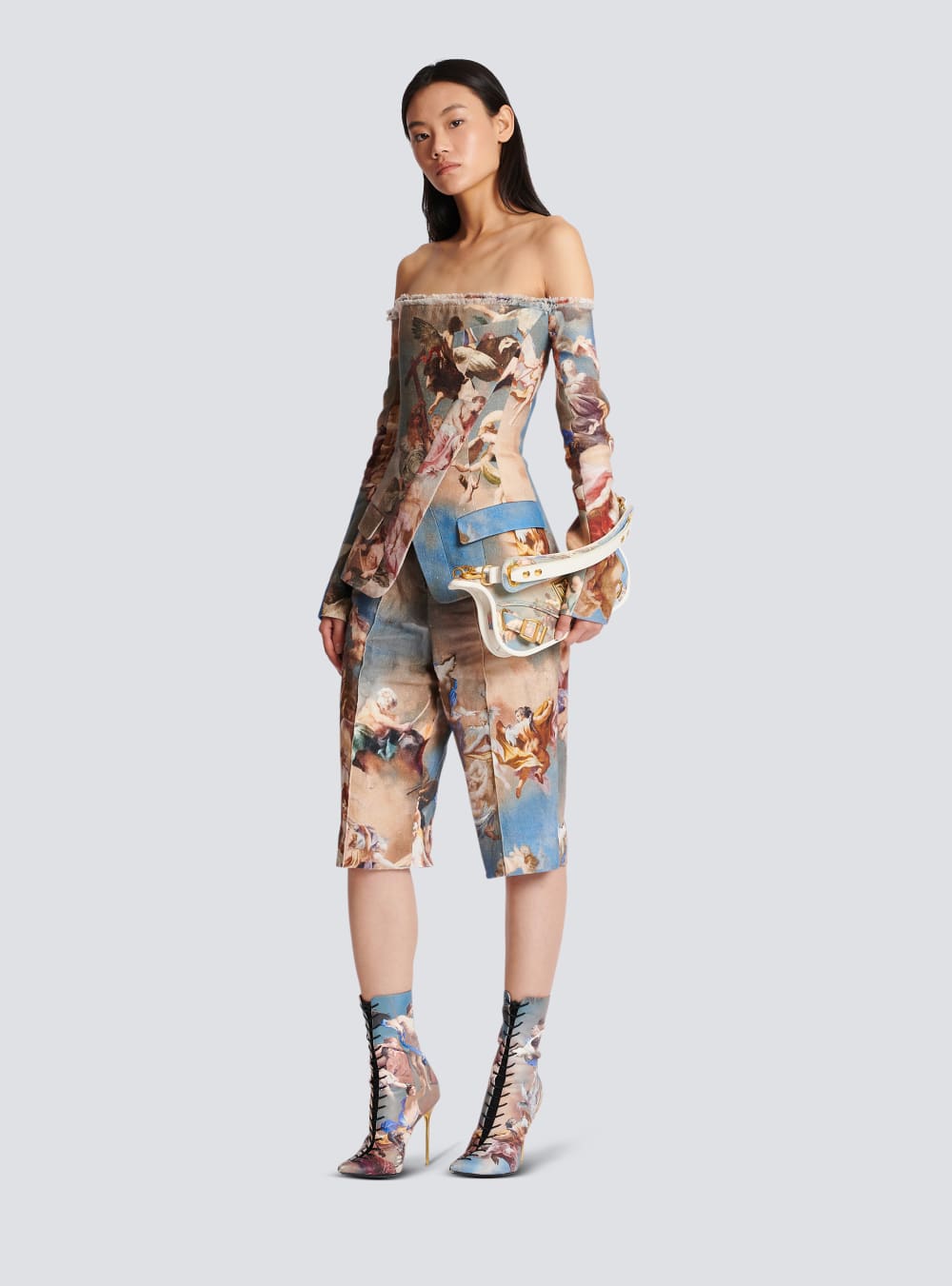 Women's Balmain Sky Printed Off-the-shoulder Canvas Jackets Multicolor | USA QVZAGeZ8