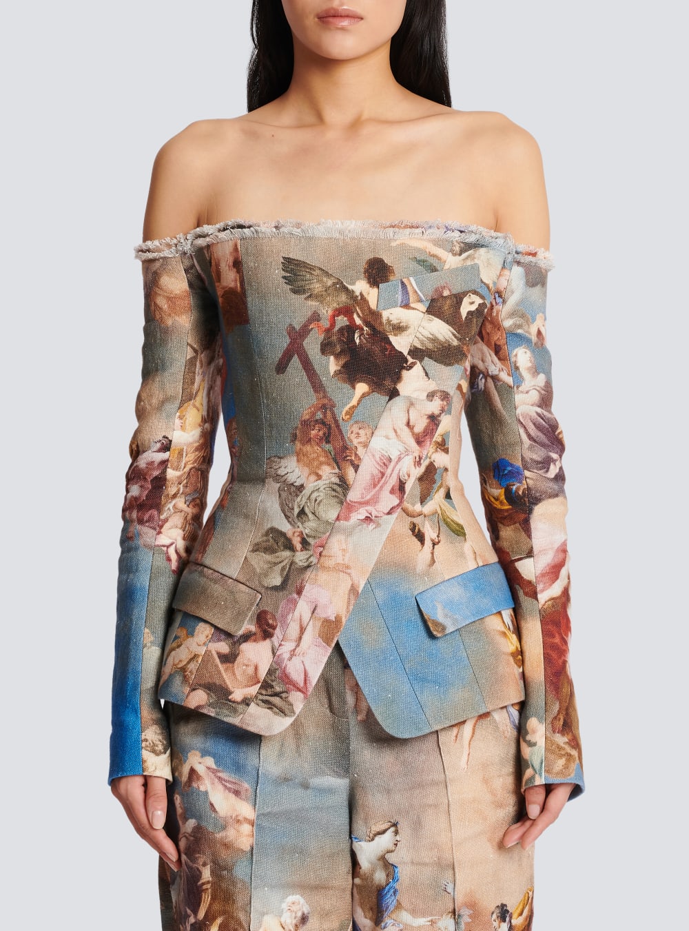 Women's Balmain Sky Printed Off-the-shoulder Canvas Jackets Multicolor | USA QVZAGeZ8