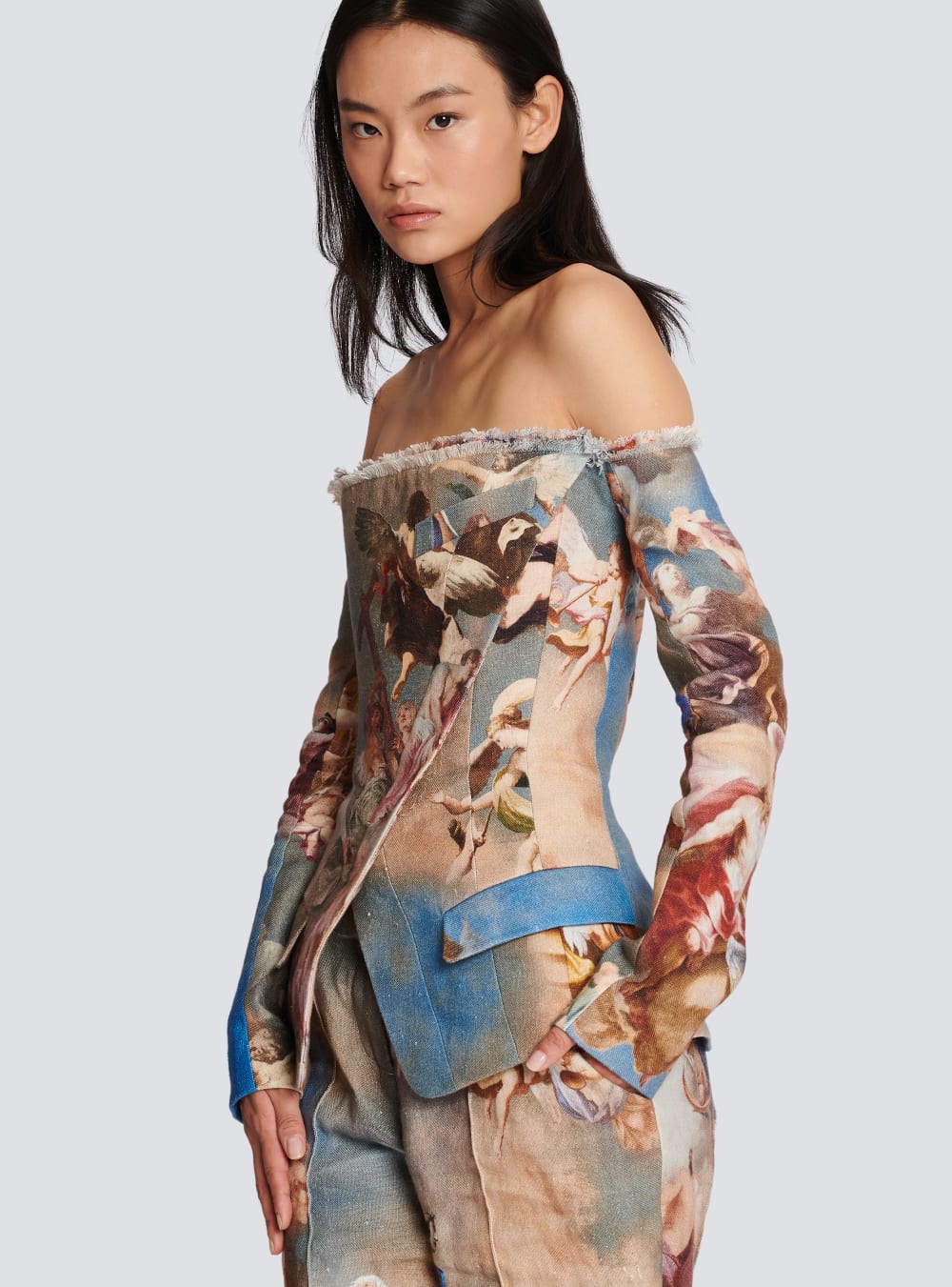 Women's Balmain Sky Printed Off-the-shoulder Canvas Jackets Multicolor | USA QVZAGeZ8