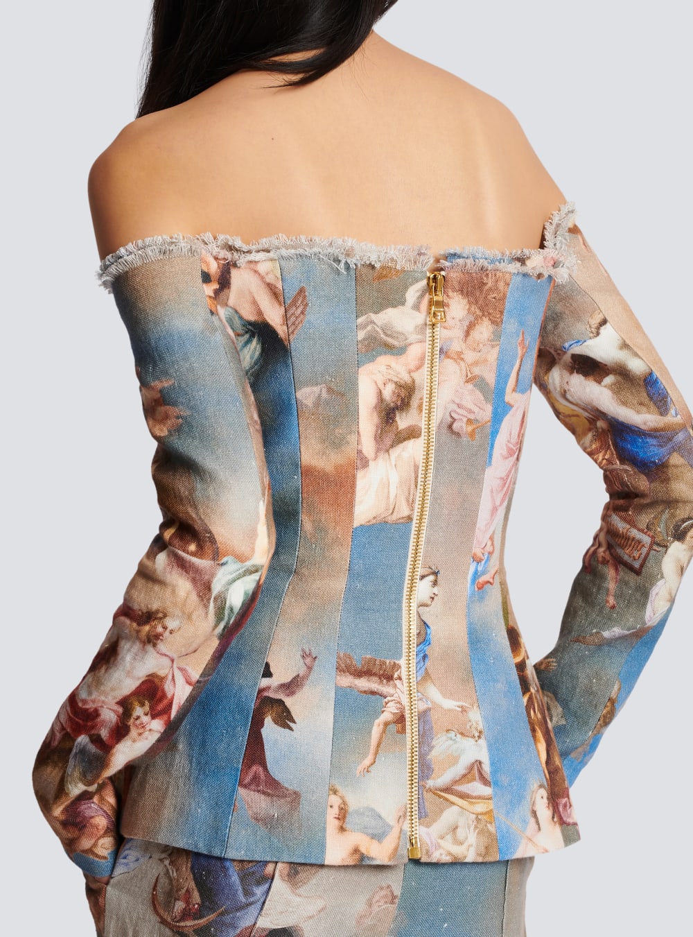 Women's Balmain Sky Printed Off-the-shoulder Canvas Jackets Multicolor | USA QVZAGeZ8