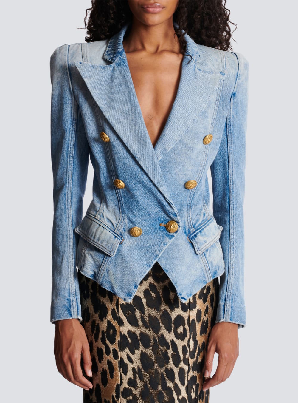 Women's Balmain Slim-fit Faded Denim Tailored Jackets Blue | USA qrnI44nE