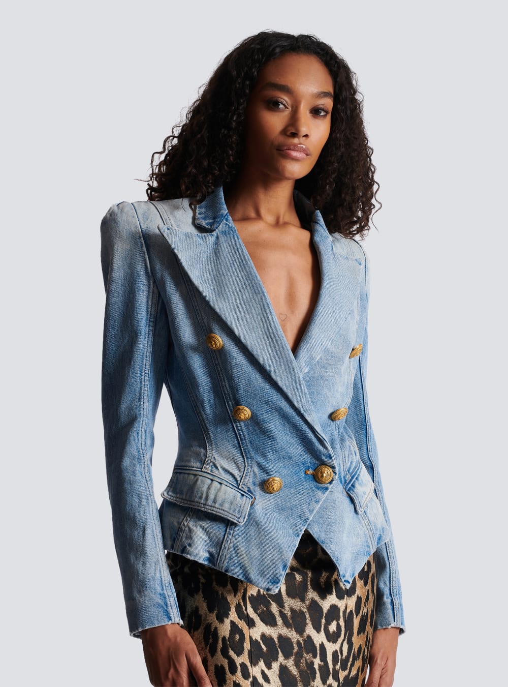 Women's Balmain Slim-fit Faded Denim Tailored Jackets Blue | USA qrnI44nE