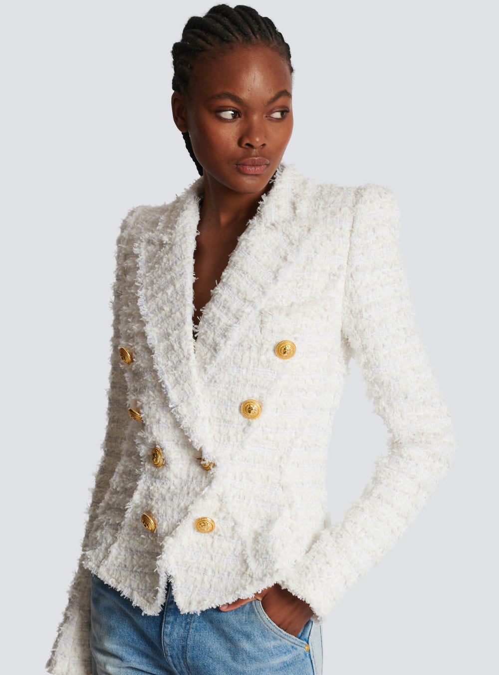 Women's Balmain Slim-fit Tweed Jackets White | USA vNzPWs4V