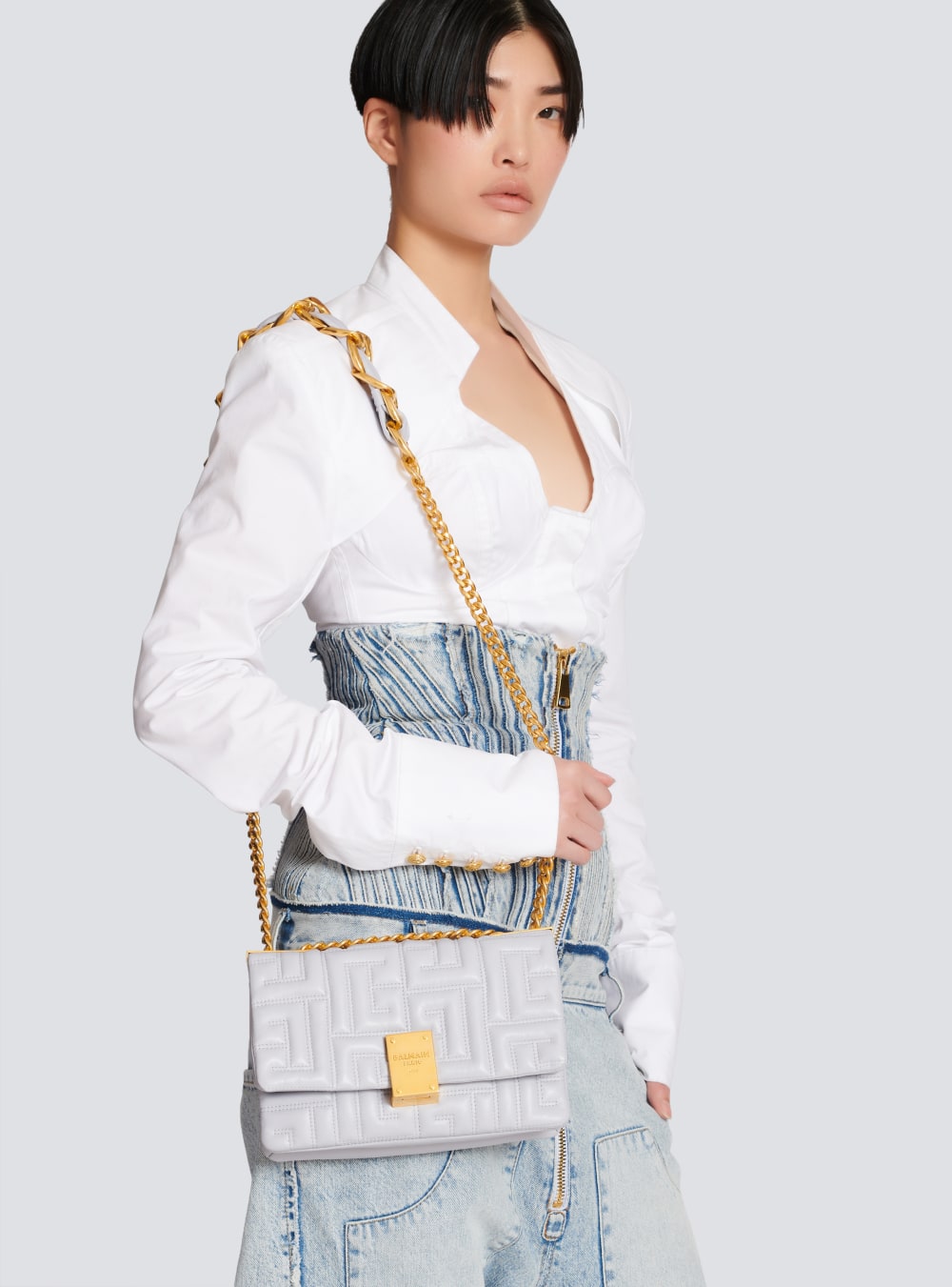 Women's Balmain Small 1945 Soft In Quilted Leather Shoulder Bags Grey | USA Ejby6KHk