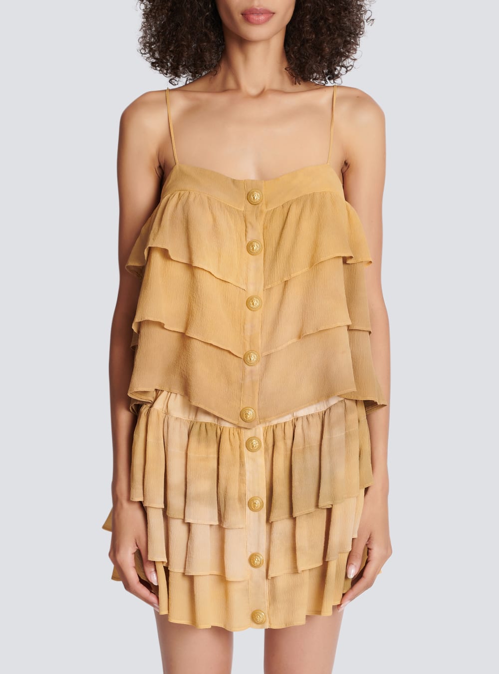 Women's Balmain Strappy Silk With Tie-dye Ruffles Tops Beige | USA cNUhwPoK