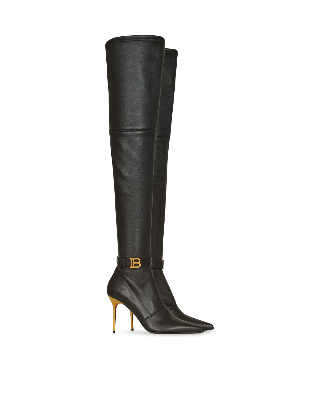 Women's Balmain Stretch Leather Raven Thigh-high Boots Black | USA 59oZfrh8