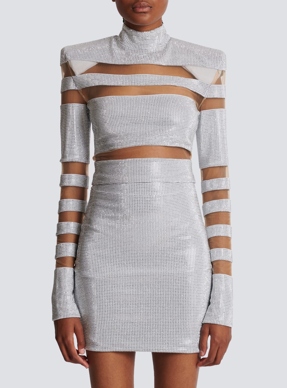 Women's Balmain Striped Rhinestone Crop Tops Silver | USA W2JOcyoV