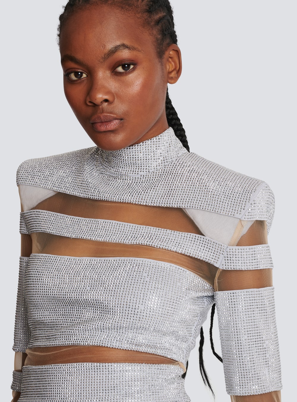 Women's Balmain Striped Rhinestone Crop Tops Silver | USA W2JOcyoV