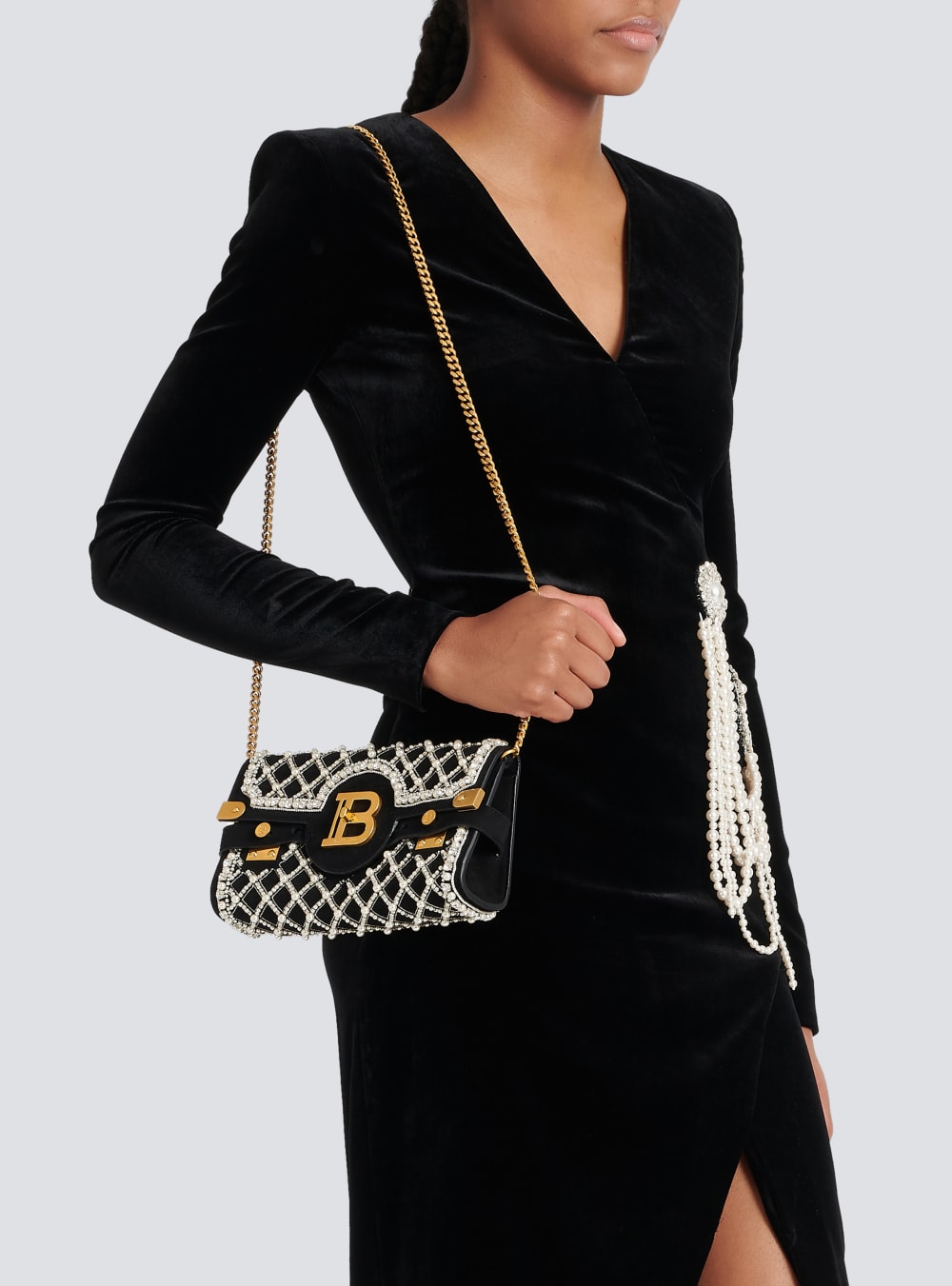 Women's Balmain Suede And Embroidered Pearl B-Buzz 23 Crossbody Bags Black | USA nwAqq6OV