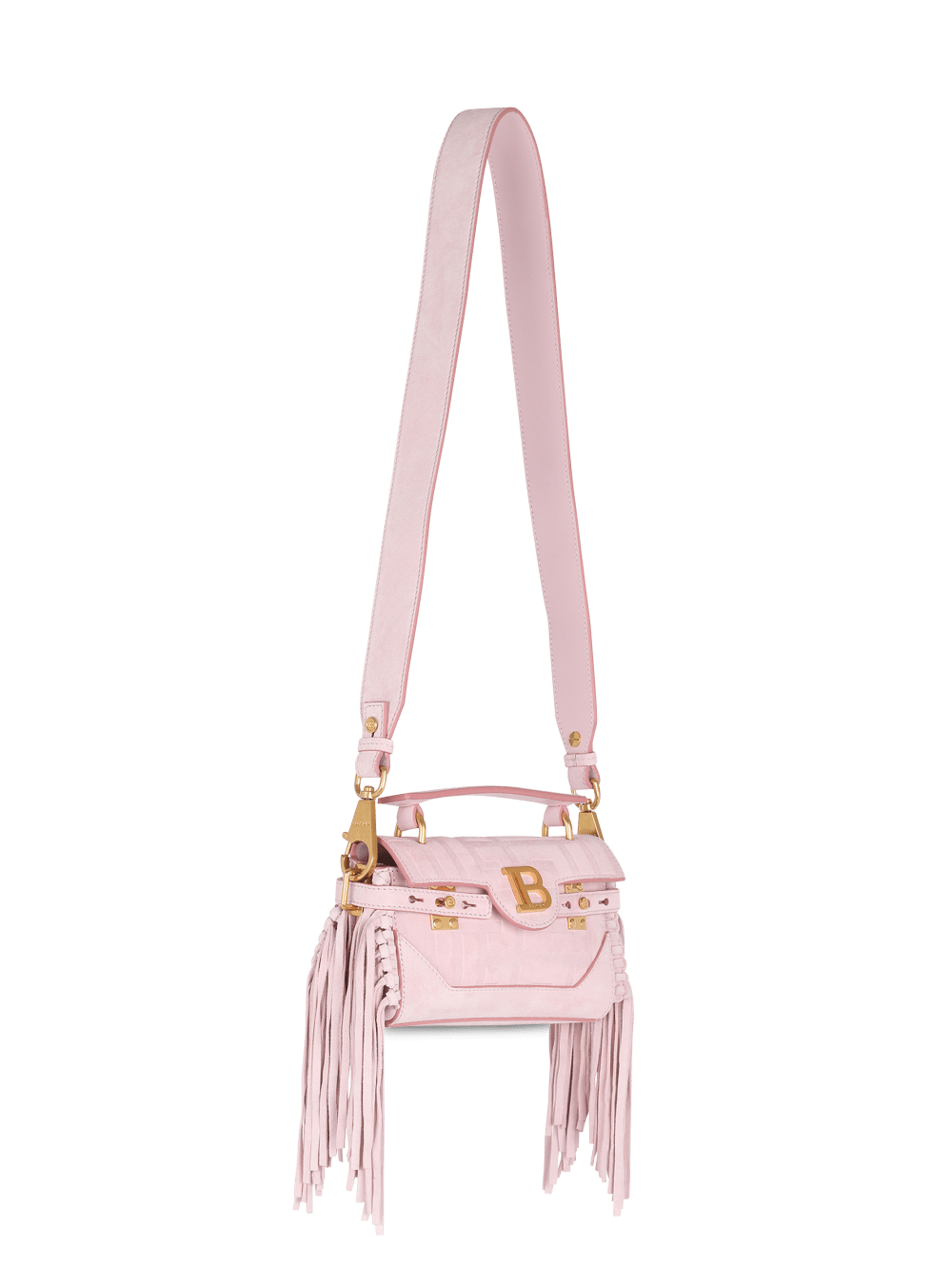 Women's Balmain Suede B-Buzz 19 With Fringe Handbag Pink | USA qa4fyRKf